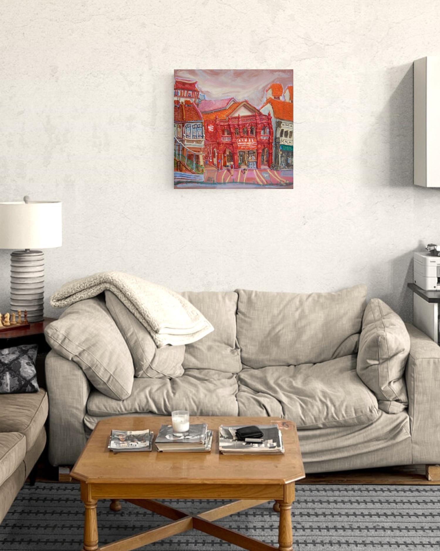 Katong Red House Bakery Vibrant Original Oil Painting by Singapore Artist: an Iconic Conservation Shophouse at Nostalgic Heritage Street