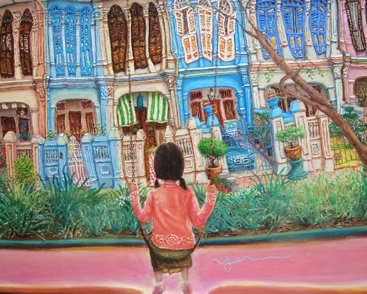 Emerald Hill Shophouses Oil Painting: Singapore Peranakan Heritage Street at Orchard Road with Little Nonya Girl on Swing