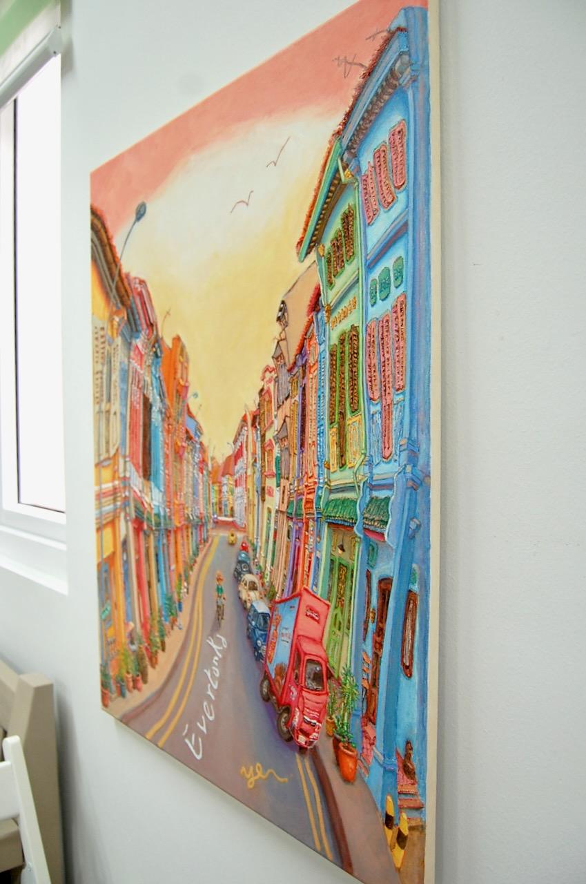 Original Singapore Shophouse Oil Painting, Everton Road Peranakan Art, Hand Painted Heritage Street Scene Canvas, Vibrant Asian Wall Art