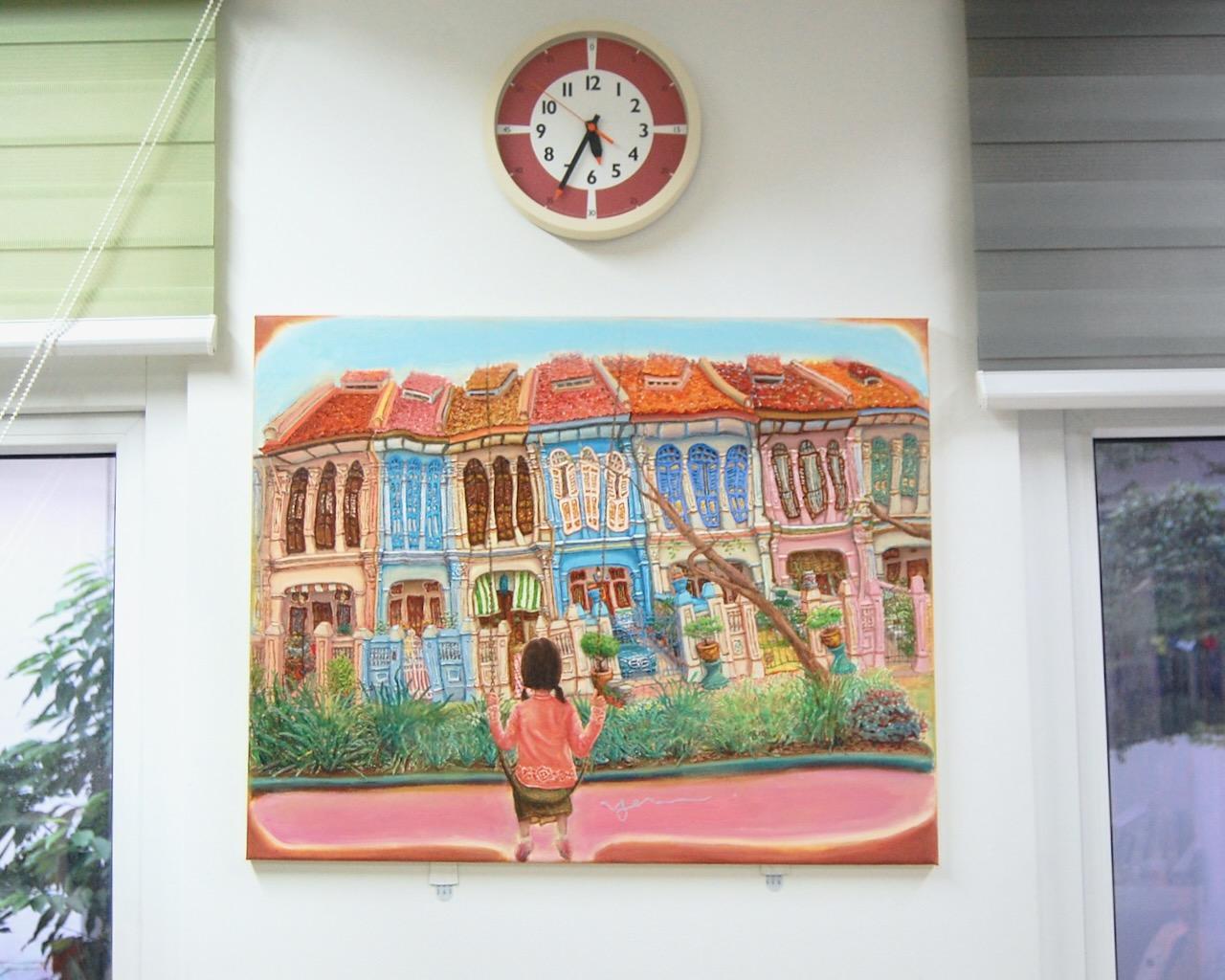 Emerald Hill Shophouses Oil Painting: Singapore Peranakan Heritage Street at Orchard Road with Little Nonya Girl on Swing