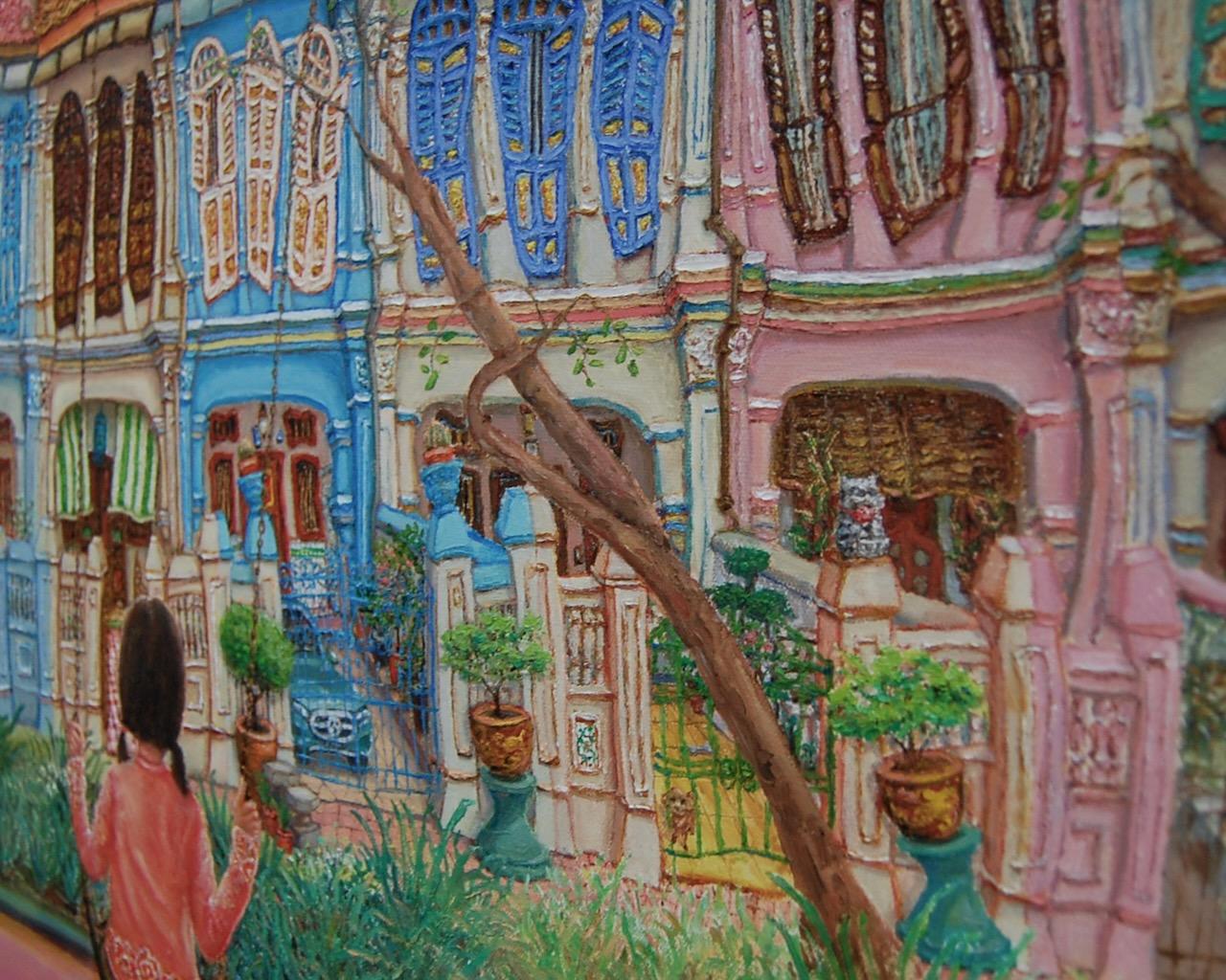 Emerald Hill Shophouses Oil Painting: Singapore Peranakan Heritage Street at Orchard Road with Little Nonya Girl on Swing