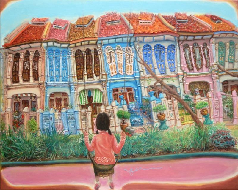 Emerald Hill Shophouses Oil Painting: Singapore Peranakan Heritage Street at Orchard Road with Little Nonya Girl on Swing