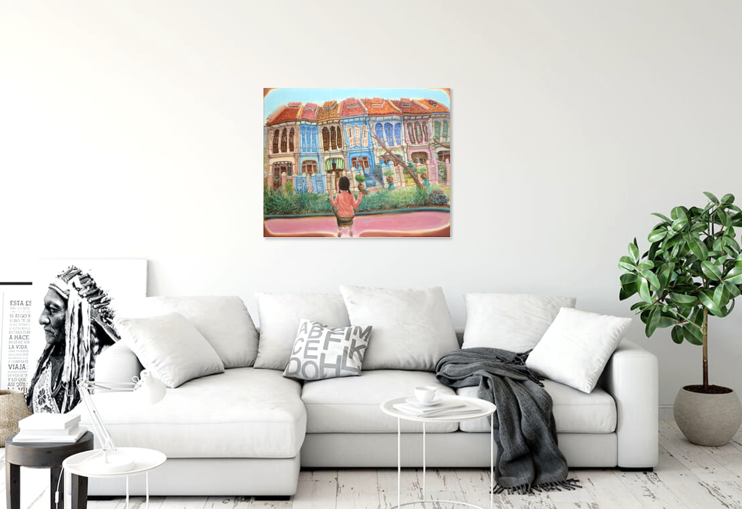 Emerald Hill Shophouses Oil Painting: Singapore Peranakan Heritage Street at Orchard Road with Little Nonya Girl on Swing