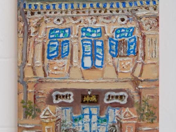 3 - Biege Peranakan Shophouse Oil Painting - Singapore City Heritage Artwork for Home Decor - 8-Row Art Collection - Singapore Souvenir -PH3