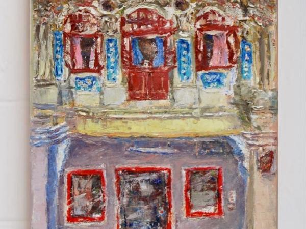 2 - Yellow pink impasto chinese shophouse oil painting at Singapore city heritage street of peranakan architecture in impressionist colors -SH2