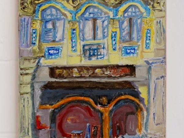 5 - Yellow black impasto chinese shophouse oil painting at Singapore city heritage street of peranakan architecture in impressionist colors -SH5