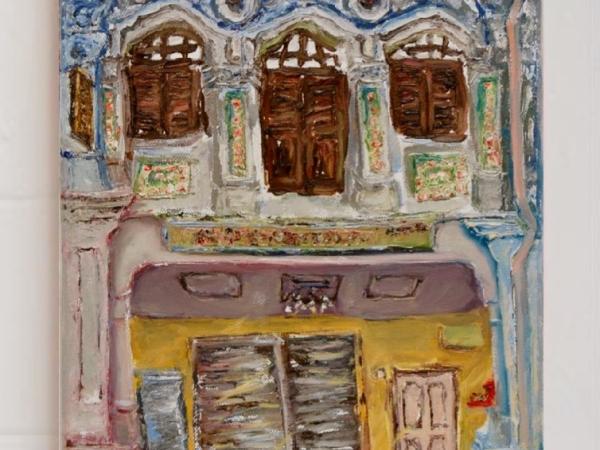 6 - Bluish pink impasto chinese shophouse oil painting at Singapore city heritage street of peranakan architecture in impressionist colors -SH6