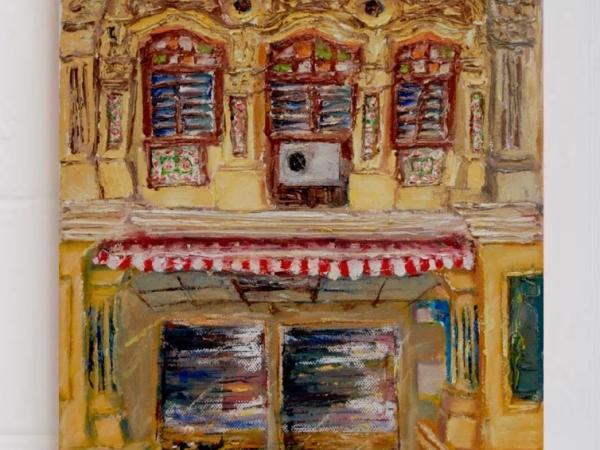 7 - Yellow impasto chinese shophouse oil painting at Singapore city heritage street of peranakan architecture in impressionist colors -SH7