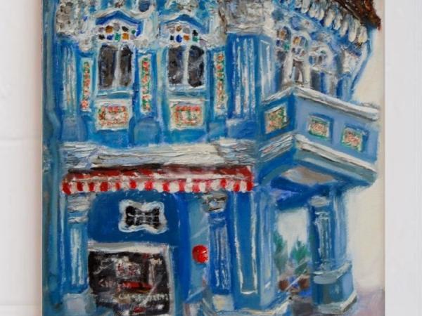 8 - Blue impasto chinese shophouse oil painting at Singapore city heritage street of peranakan architecture in impressionist colors -SH8