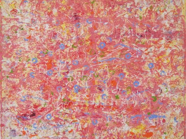 Itsy Bitsy abstract acrylic painting, pink textural impasto art, an original canvas artwork of pastel colors and whimsical musical notes
