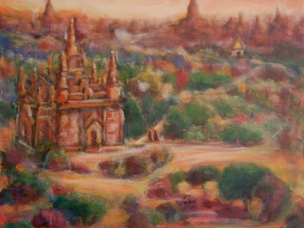 Kingdom of Temples - Myanmar Old Bagan impressionist landscape painting, original artwork of orange sunset temples and stupas in the ancient city