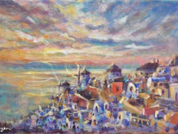 Greece Santorini landscape sea coast original scenery painting, acrylic artwork with greek island whitewashed houses in impressionist sunset