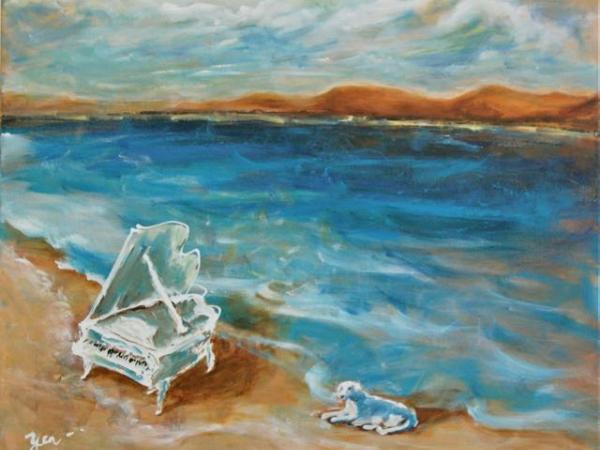 Piano Story -Whimsical Music Art Painting of dog at beach in impressionist sea landscape, a fantasy waves clouds ocean picture in blue white