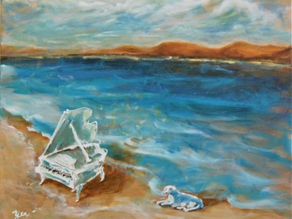 Piano Story Whimsical Music Art Painting - Dog Beach Impressionist Sea Landscape Fantasy - Blue Original Artwork Decor - Nature And Music