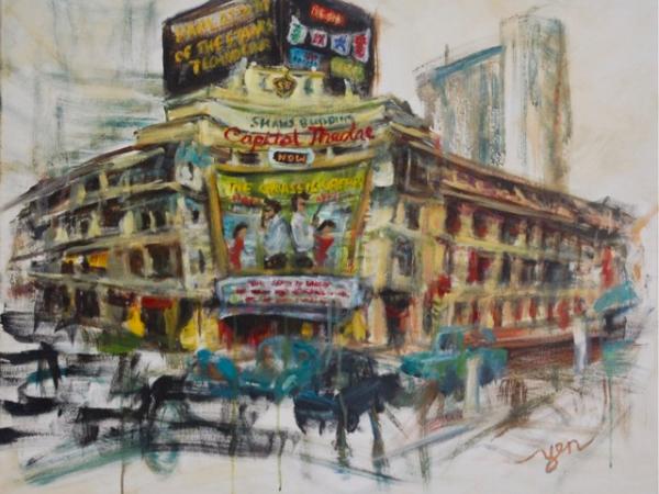 Yesteryear - Capitol Cinema Painting Art, original canvas artwork in abstract impressionist style of Singapore architectural landmark icon