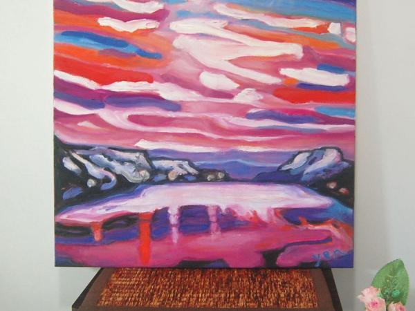 Akureyri -Iceland Winter Landscape Oil Painting, Van Gogh style, Snow Mountains, Sunset Sky, White Lake, Purple, Pink, Beautiful Scenery Art