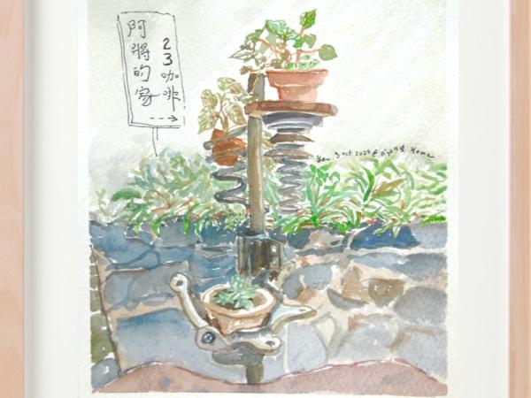 Taiwan Alishan cafe original watercolor painting of pots of plants  - botany zen art - whimsical travel art decor