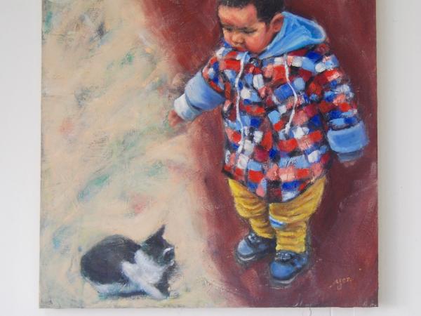 Boy & Cat - Whimsical Impressionist Child Figurative Painting,  original oil artwork of innocence and curiosity by Singapore artist