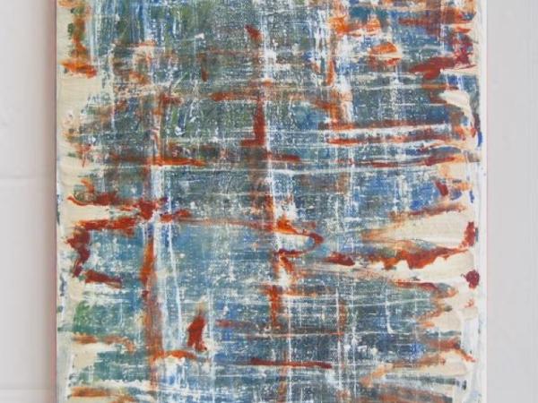 Denim - cool jeans like abstract original art painting, modern acrylic artwork on canvas, with starry skies through tattered blinds 