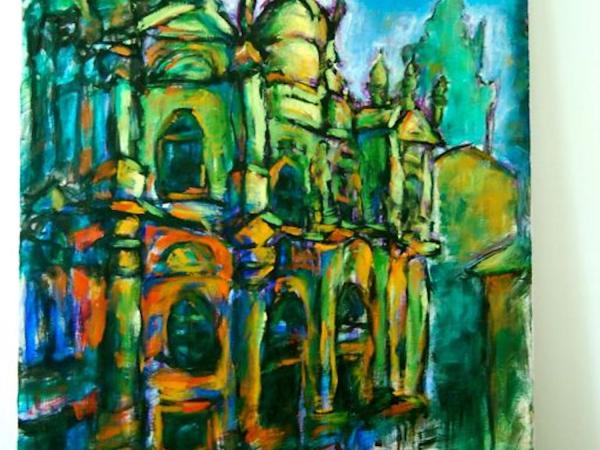 Destined -Spain Camino Oil Painting of Santiago de Compostela Cathedral, Way of St James original church art in Cezanne impressionist style