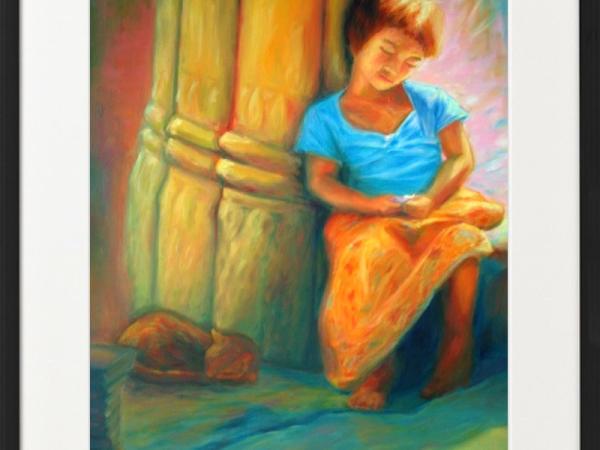 Impressionist Paintings Wall Art Prints 11x14" - Camobdian gril at Angkor Wat, whimsical pigeon birds on blue water fountain, european Poland Spain holidays decor travel art
