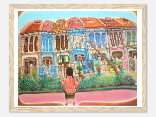 Singapore Signed Art Print of Emerald Hill Peranakan Shophouse Painting with Nonya Girl on Swing, Whimsical Heritage Asia Travel Poster