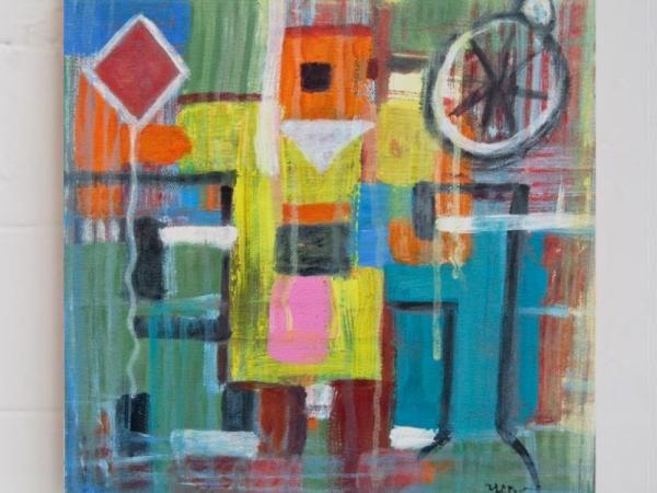 Happy Robot Figure Abstract Art Painting, a colorful original modern artwork, acrylic on canvas, with cheerful colour blocks, shapes n lines