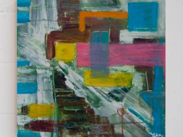 Cyan blue theme figures abstract art painting of girl in pink, original modern artwork, acrylic on canvas, with block colors, paint splashes and etchings