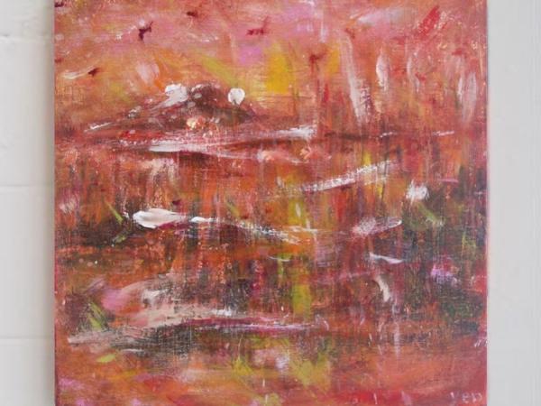 Flight -Abstract Original Landscape Painting, Original Fine Art, Birds, Nature, Red, Pink, Scenery, Monet Style, Pastel, Lake Scenery, Zen