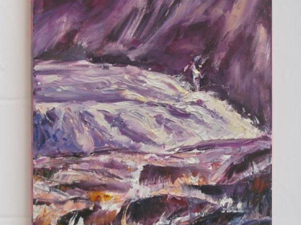 Flow -Abstract Iceland Waterfall Landscape Oil Painting of zen nature surreal waterscape, impressionist impasto knife artwork in purple hues