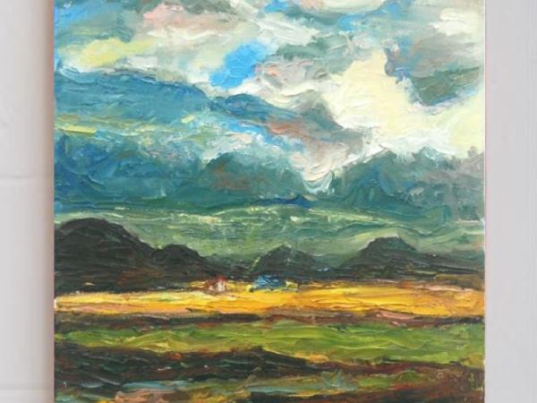 Haven -Impressionist Iceland Landscape Oil Painting of mountain storm clouds on the plains, with impasto surreal scenery of Icelandic houses