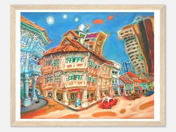Singapore Art Print of Jalan Besar Shophouses Vibrant Artwork, Colorful Heritage City Starry Night Poster in Van Gogh Style