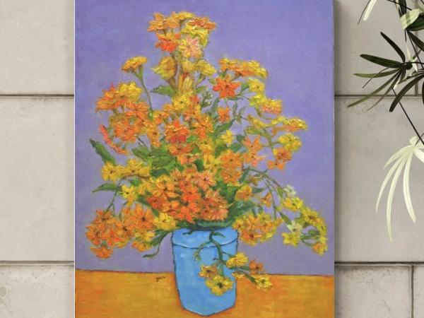 Impressionist Kalanchoe Blooms Oil Painting: Yellow Flowers in Blue Pot