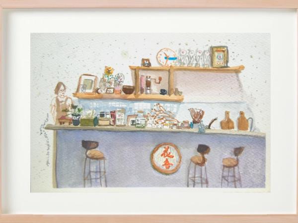 Taiwan cafe original watercolor painting - whimsical travel art