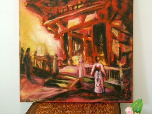 Kyoto Dream - Red Painting, Impressionist, Japanese Temple, Architectural Art, Oil Painting, Woman, Pink Kimono, Surreal Art, Mood Landscape