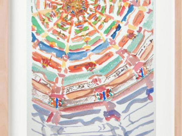 Taiwan original watercolor painting of Lukang Longshan Temple ceiling structures  -  architectural art - impressionist travel art