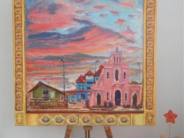 Singapore Impressionist Oil Painting Art, Queen of Peace Catholic Church, Pink Clouds, Pastel Landscape, Asian Art, Peranakan Tile, Window