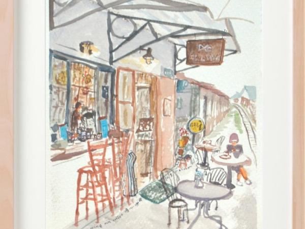 Taiwan Alishan cafe original watercolor painting - railway art - whimsical travel art