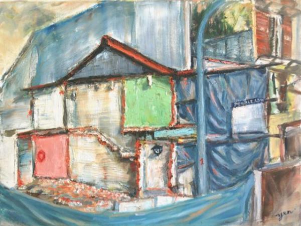 Once Upon A House - Impasto oil painting of old building ruins in Singapore evoking the memories of what the home might have been