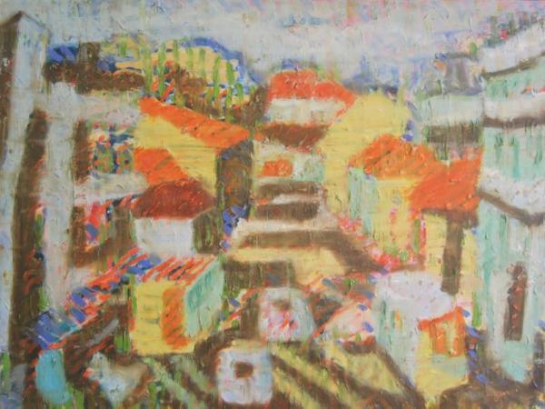 Journey To Town, abstract original oil painting art of Singapore town street landscape with peranakan shophouses in colorful abstract shapes