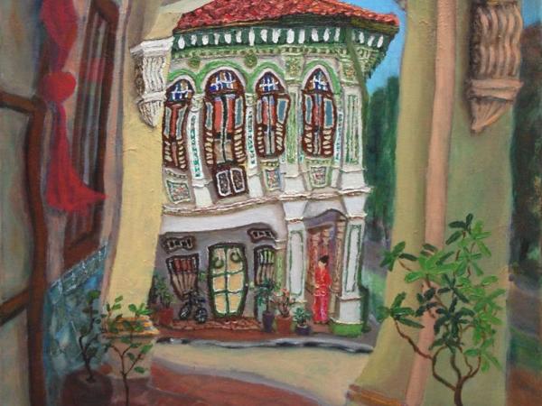 Beautiful Impressionist Shophouse Corridor Oil Painting - Singapore City Heritage Surreal Landscape Artwork - Peranakan Lady In Red With Cat 