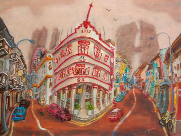 Singapore Chinatown Landscape Oil Painting - Iconic Shophouse Building - Beautiful Street Cityscape Artwork - Original Art For Office Decor