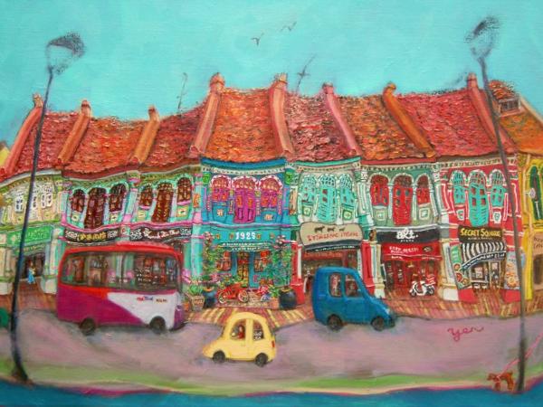 Singapore Katong Peranakan Shophouses Landscape Oil Painting - City Street Heritage Artwork - Vibrant Cityscape - Original Home Art Decor