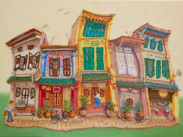 Singapore Traditional Chinese Shophouses Landscape Oil Painting - Vibrant City Heritage Architecture - Original Artwork for Unique Home Decor