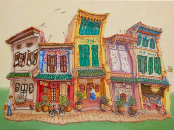 Singapore Shophouses Oil Painting: Spottiswoode Park, Vibrant Heritage Cityscape Art - 18x24 Canvas