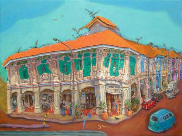 Singapore Conservation Shophouses Oil Painting - Charming Heritage Street Corner Landscape - Unique City Artwork for Home or Office Decor