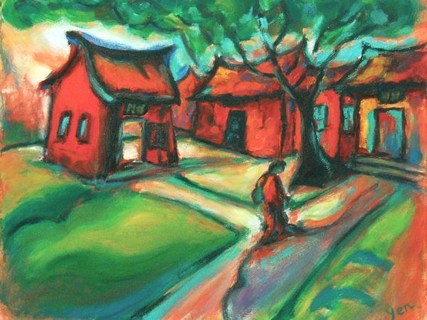 The Way, red Chinese Landscape Oil Painting of Taiwan Confucius Temple, bright bold surreal architecture original art in expressionist style