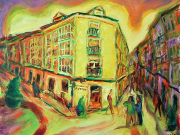 Rhapsody - Original Spanish Oil Painting Art of Burgos, a Camino de Santiago surreal spain landscape in yellow whimsical edvard munch style