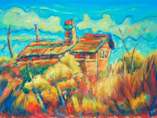Little House On The Prairie - Impressionist, El Camino Painting, Original Landscape, Oil Painting, Whimsical Clouds, Chimney, Orange, Bright
