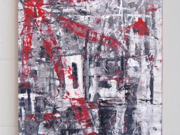 Ode - abstract art painting in black white building blocks with red windmill marks, original modern artwork, acrylic on canvas
